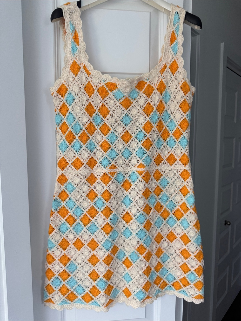 Zara Crochet Diamond Knit Top in Cream, Orange & Light Blue